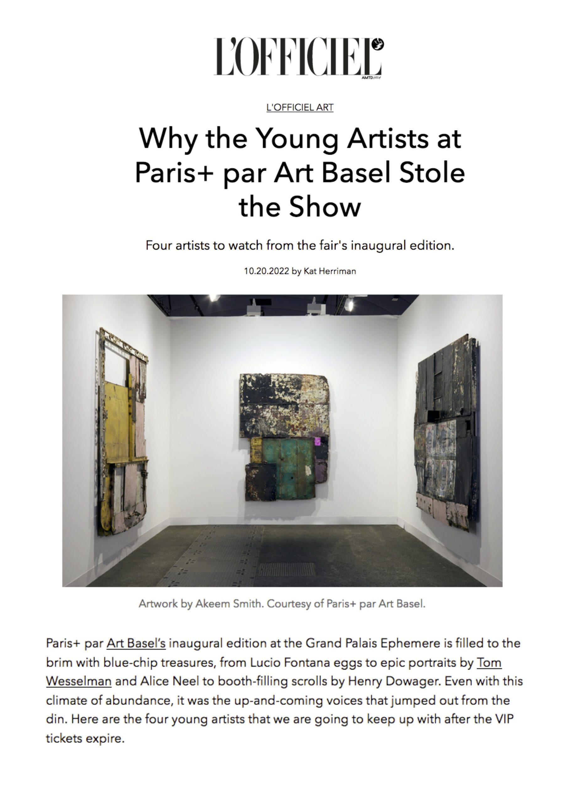 Kat Herriman, "Why The Young Artists at Paris+ par Art Basel Stole the Show", L'Officiel Art, 2022