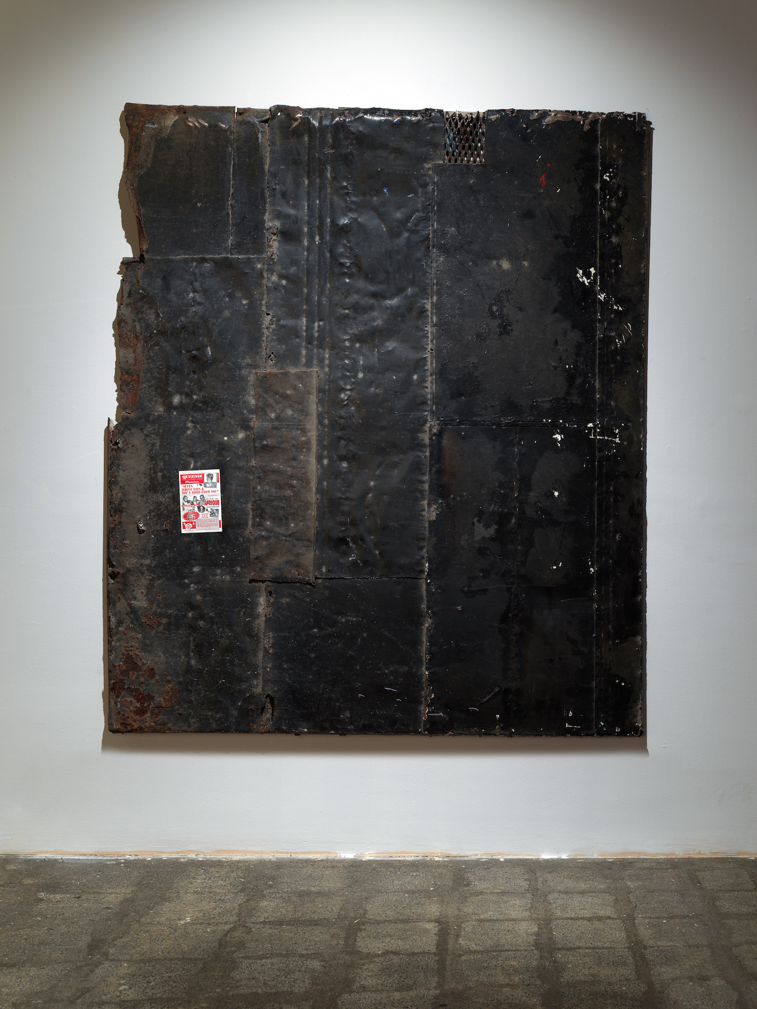 Akeem Smith, "Black Queen", Salvaged building material, vintage flier, color photograph, 218 x 188 x 5 cm, 2020