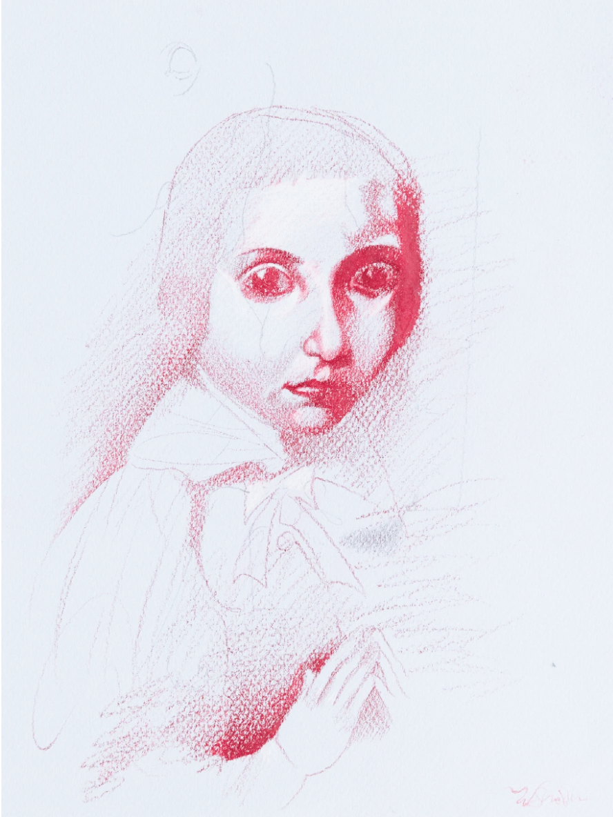 Will Sheldon, "Untitled (Red child praying)", Colored pencil on paper, 28 x 22 cm, 2023