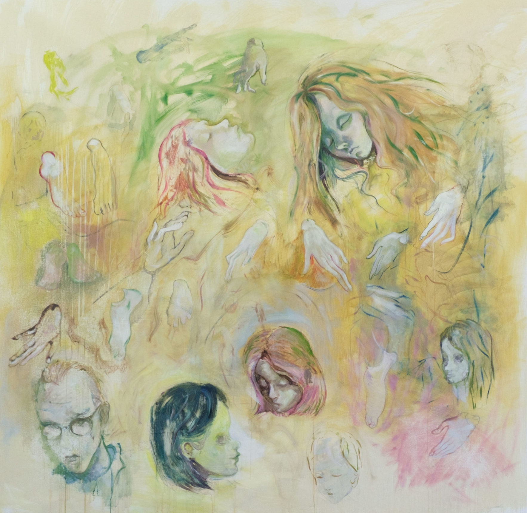 Will Sheldon, "Green Angel Sleeping in the Yellow Forest with Her Sleepy Friends", Oil on linen, 198 x 203 cm, 2023