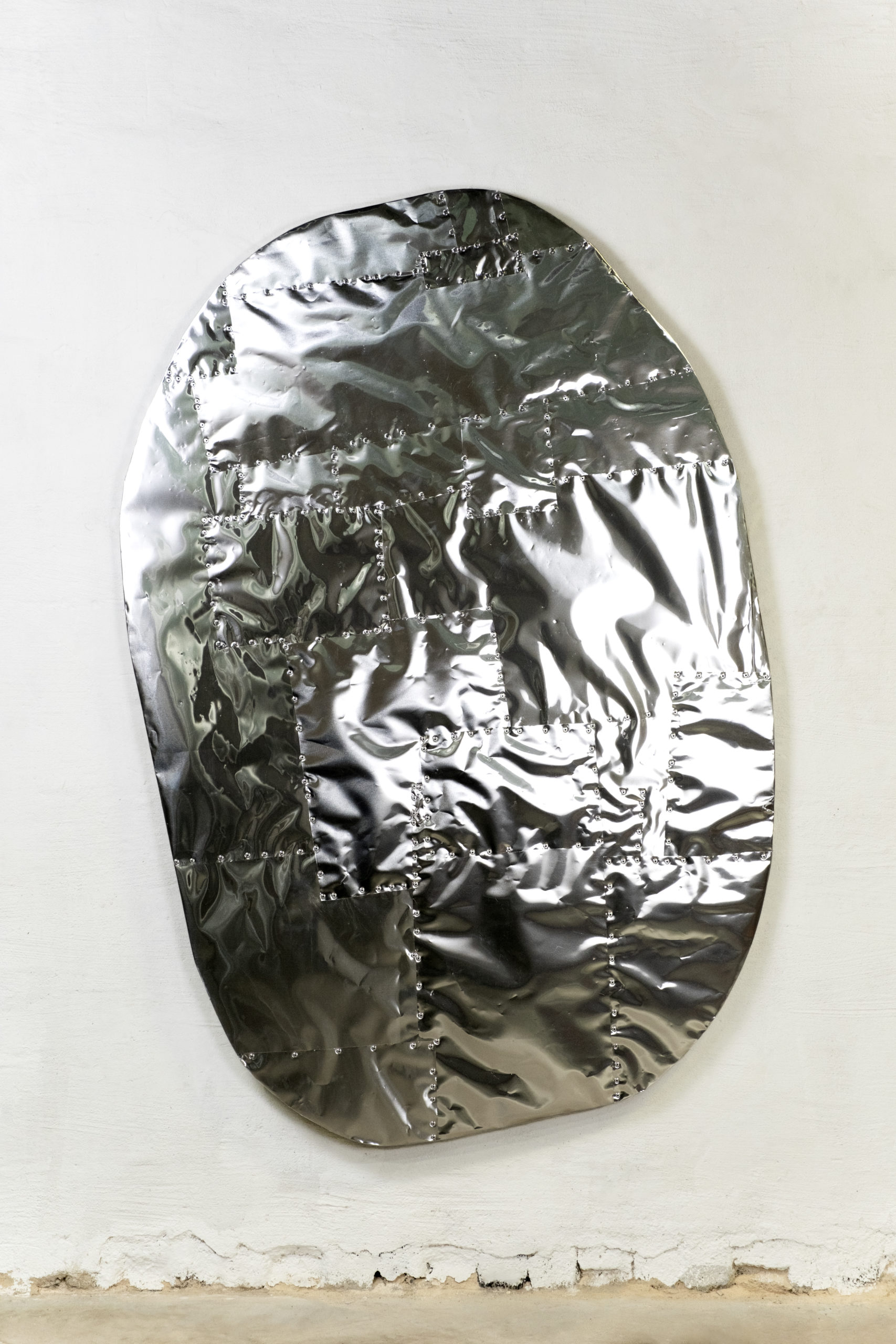 Benjamin Lallier, "Reflective device (#4)", Aluminum mounted on wood, 184 x 122 cm, 2024
