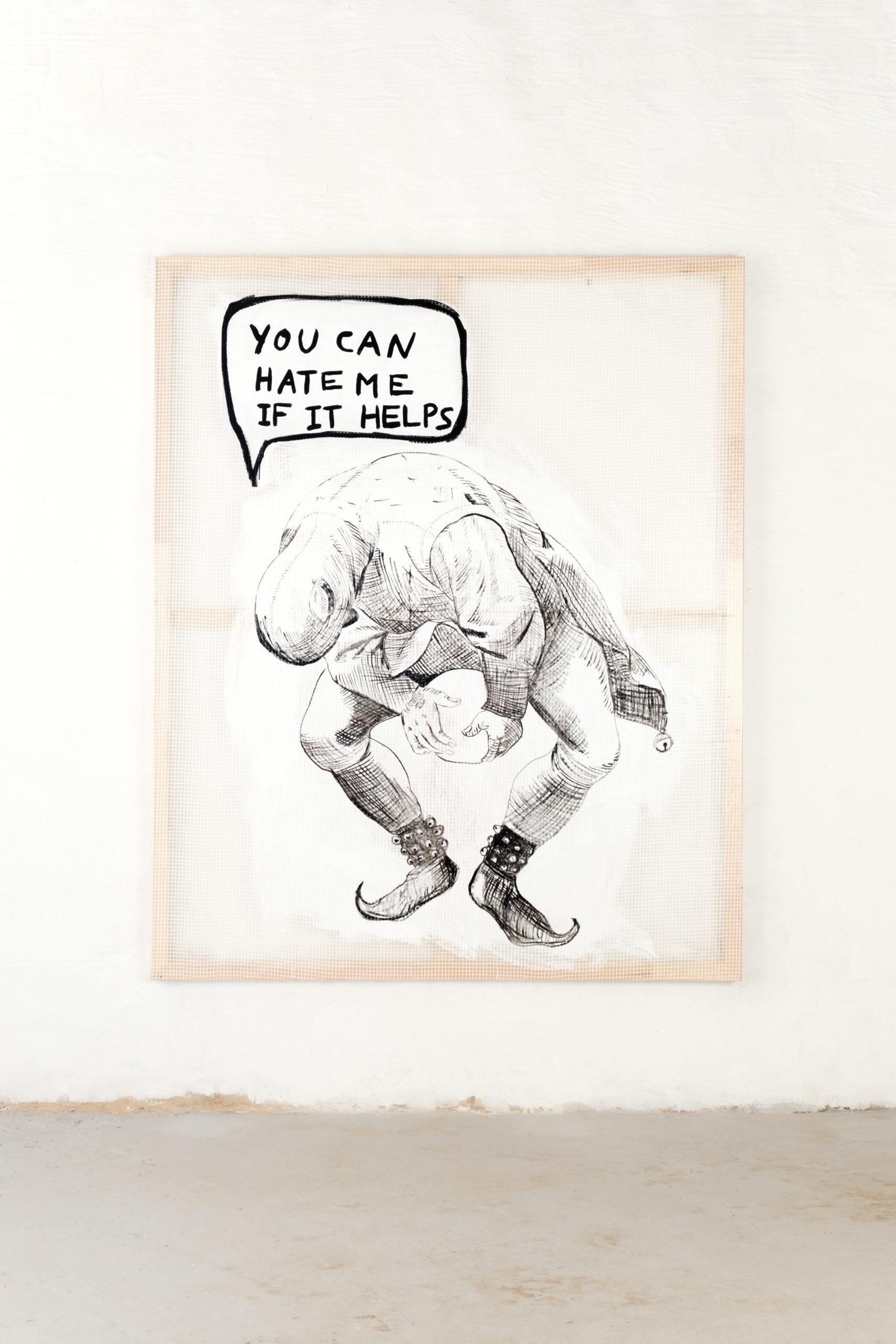 Benjamin Lallier, PROTO HARDCORE SOCIAL MISCONDUCT 7, 2022, Acrylic on stretched transparent armed tarpaulin, 180 x 147 cm