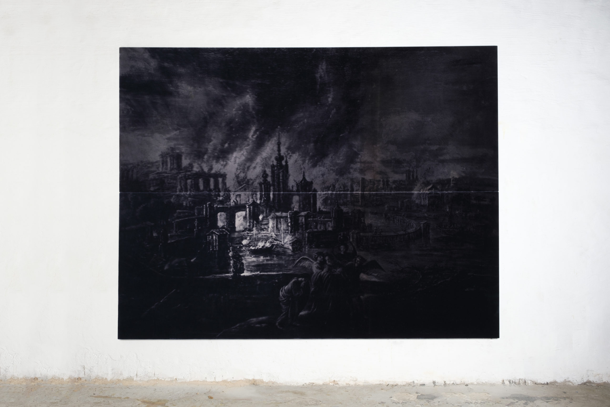Benjamin Lallier, Sodom & Gomorrah afire, Sun bleached velvet 230 x 300 cm, 2024