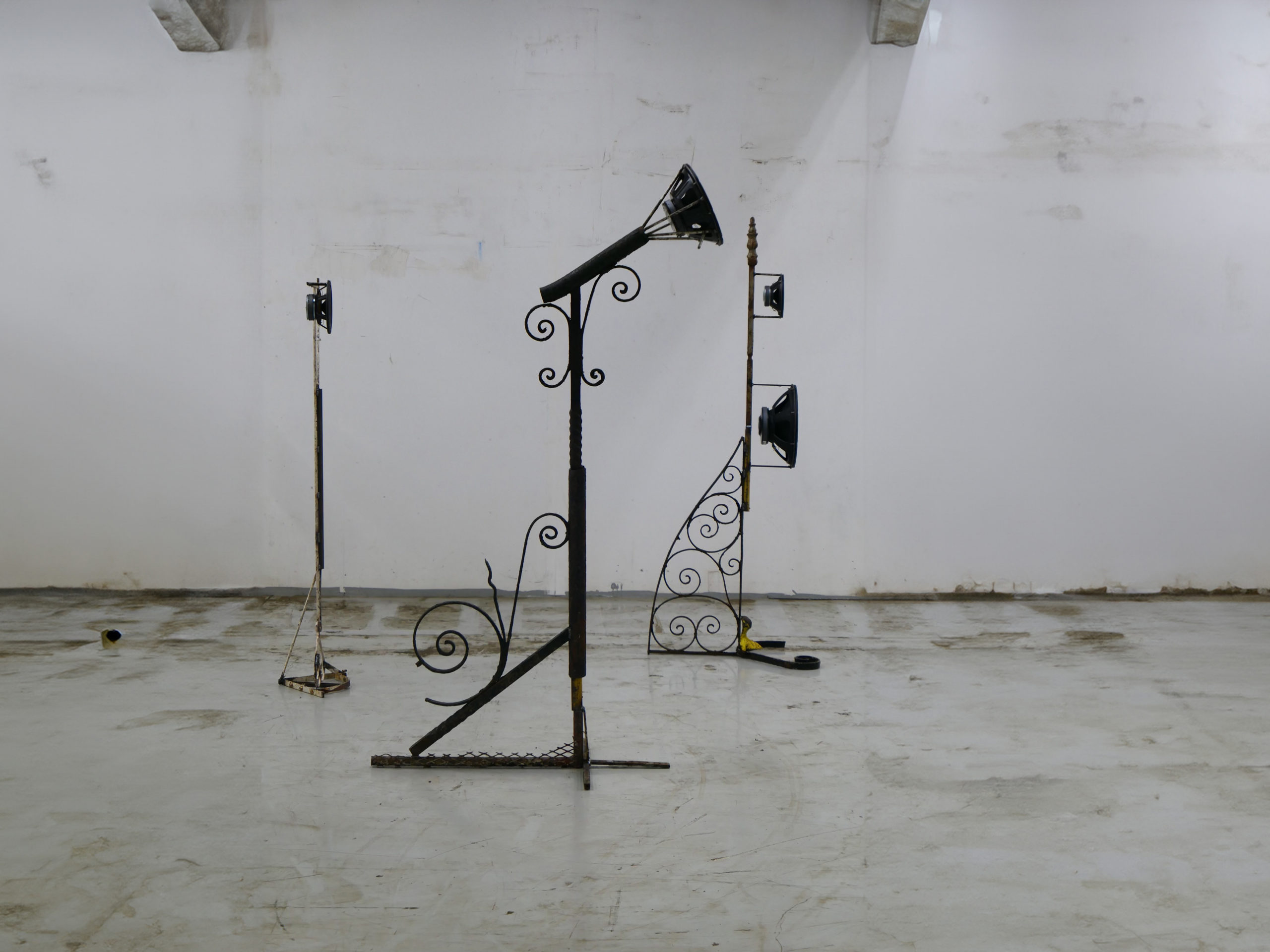 Akeem Smith, "SOUNDCLASH", Salvaged building materials, speakers, audio, 2024